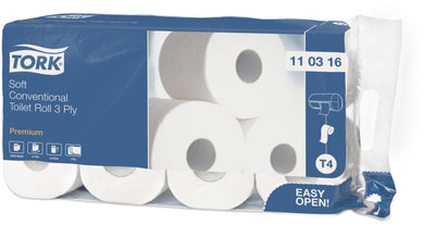 Toiletpapier 3-laags 72 rollen van Tork in verpakking met eenvoudige opening, kleur: wit, premium kwaliteit.