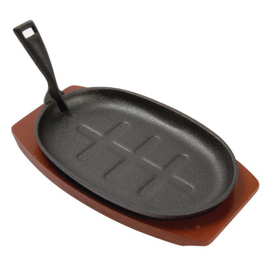 Olympia ovale gietijzeren schaal met houten onderzetter 28 x 19cm