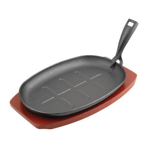 Olympia ovale gietijzeren schaal met houten onderzetter 28 x 19cm