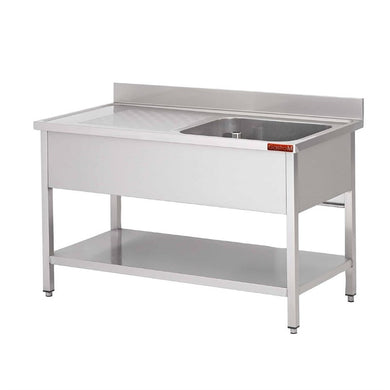 Gastro-M Spoeltafel met onderstel en onderblad mm 1200x 700x850 1 bak rechts 500x500x300, dienblad l