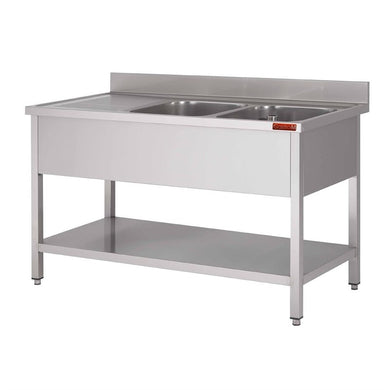 Gastro-M Spoeltafel met onderstel en onderblad mm 1600x 700x850 2 bakken rechts 400x500x250, verlege