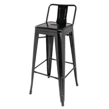 Afbeelding in Gallery-weergave laden, Bolero Bistro gegalvaniseerd stalen barkruk met rugleuning zwart (4 stuks)