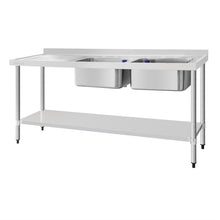 Afbeelding in Gallery-weergave laden, Vogue RVS spoeltafel dubbele spoelbak afdruiprek links 180x60cm