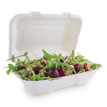 Afbeelding in Gallery-weergave laden, Vegware composteerbare bagasse voedseldozen met scharnierdeksel 22,8cm (200 stuks)