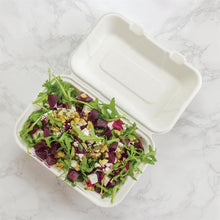 Afbeelding in Gallery-weergave laden, Vegware composteerbare bagasse voedseldozen met scharnierdeksel 22,8cm (200 stuks)