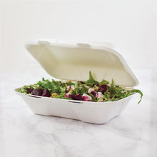 Afbeelding in Gallery-weergave laden, Vegware composteerbare bagasse voedseldozen met scharnierdeksel 22,8cm (200 stuks)