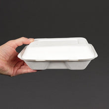 Afbeelding in Gallery-weergave laden, Vegware composteerbare bagasse voedseldozen met scharnierdeksel 22,8cm (200 stuks)